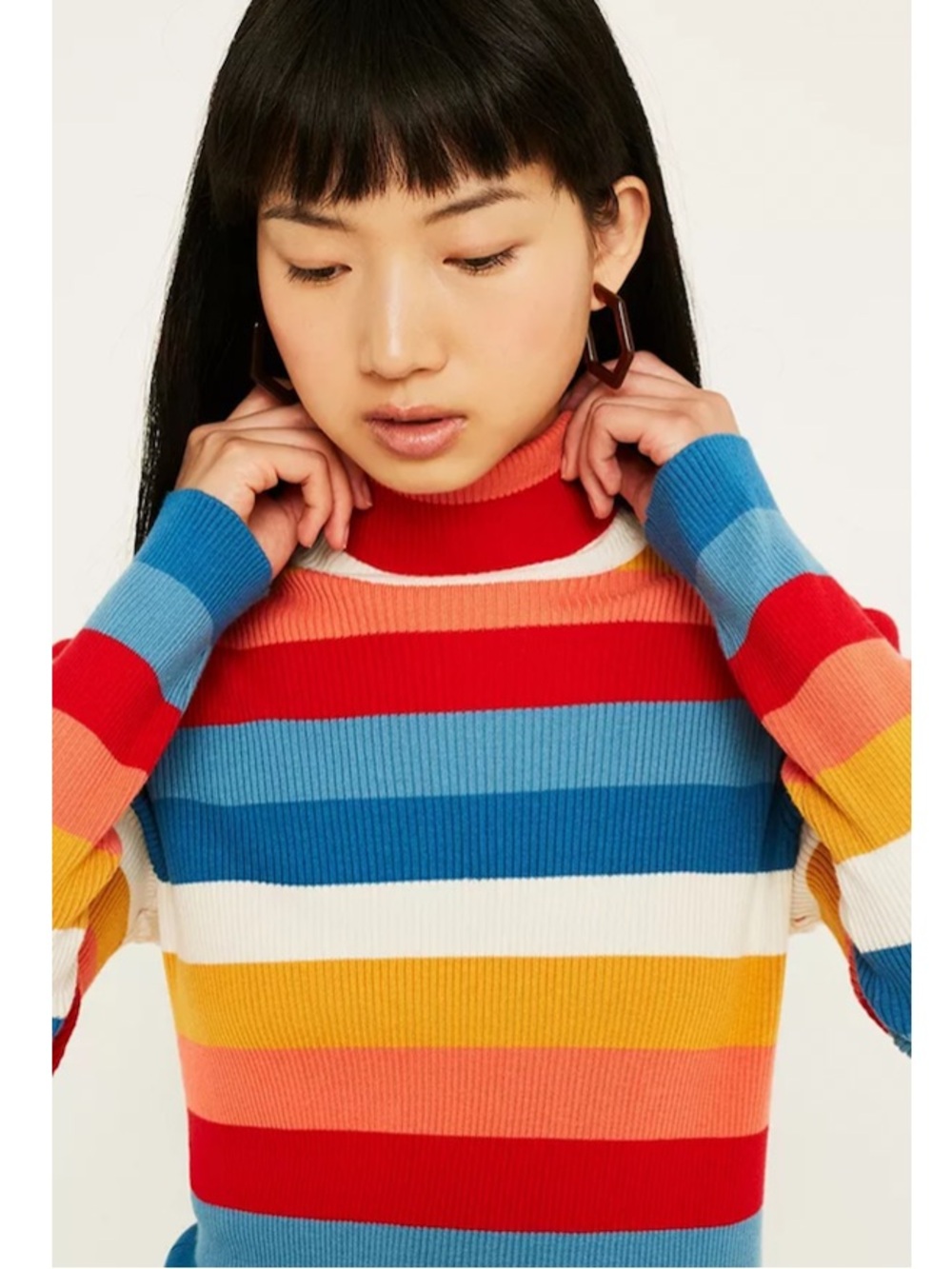 Vintage Ribbed Knit Colorful Deadstock Turtleneck Sweater S Retro Funky Rainbow